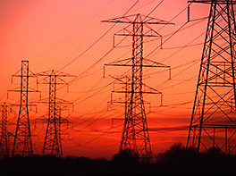 power lines, red sky