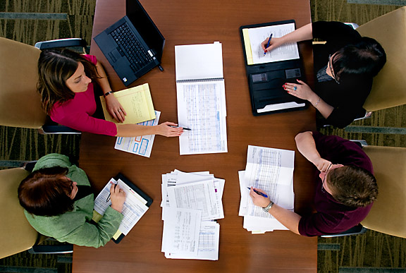 Overhead view of business meeting